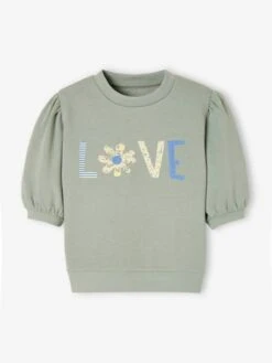 Sweat Motif "love" Fille Manches Boules Courtes Vert D'eau - Vertbaudet