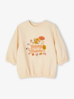 Sweat Motifs Fleurs Anim Irisée Et Bouclettes Fille Manches 3/4 écru - Vertbaudet