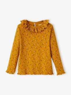 T-shirt à Fleurs En Maille Côtelée Fille Curry - Vertbaudet