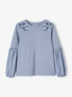 T-shirt Brodé Fleurs Fille Bleu Moyen - 18-3916 Tcx - Vertbaudet