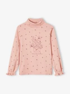 T-shirt Col Montant En Côtes Imprimé Fleurs Fille Rose Poudré - Vertbaudet