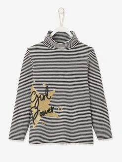 T-shirt Col Roulé Rayé Fille Motifs à Paillettes Noir Rayé - Vertbaudet