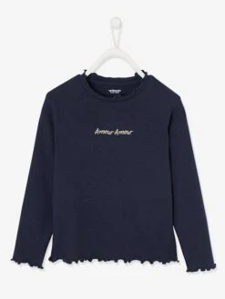 T-shirt Côtelé Fille Finitions Fantaisie Encre - Vertbaudet