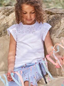T-shirt Fille Avec Détails Broderie Anglaise Blanc - Vertbaudet