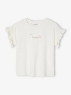 T-shirt Fille Brodé "adorable" Manches Courtes Smockées écru - Vertbaudet -Petite Modeuse t shirt fille brode adorable manches courtes smockees 2