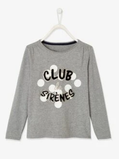 T-shirt Fille "club Des Sirènes" Détails Fantaisie Manches Longues Gris Clair Chiné - Vertbaudet