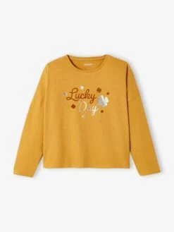 T-shirt "lucky" Détails Irisés Et Flocage Velours Fille Marron Clair - Vertbaudet