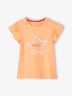 T-shirt Motif Fleurs 3D Fille Manches Courtes Volantées Orange - Vertbaudet
