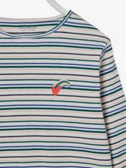 T-shirt Rayé En Côtes Fille Détail Coeur Irisé Ivoire Rayé - Vertbaudet -Petite Modeuse t shirt raye en cotes fille detail coeur irise 2