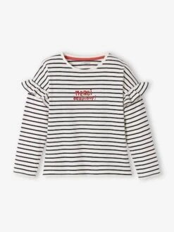 Tee-shirt à Message Manches Volantées Fille Blanc Rayé - Vertbaudet