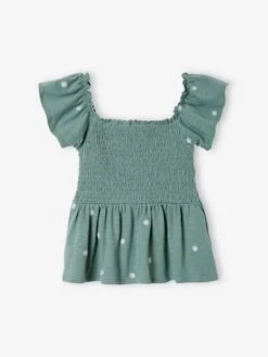 Tee-shirt à Smocks Fleurs Brodées File Vert - Vertbaudet -Petite Modeuse tee shirt a smocks fleurs brodees file 2