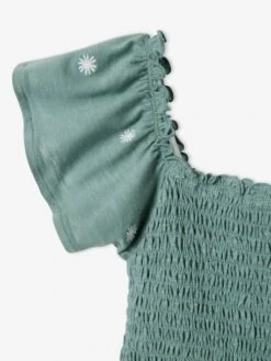 Tee-shirt à Smocks Fleurs Brodées File Vert - Vertbaudet -Petite Modeuse tee shirt a smocks fleurs brodees file 3