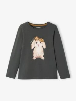 Tee-shirt Motif Lapin Avec Noeud Fantaisie Fille Gris Foncé - Vertbaudet